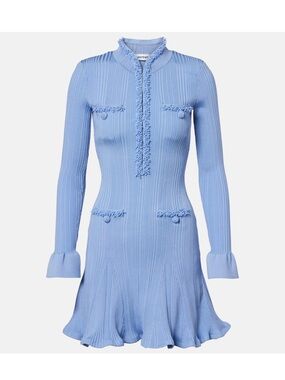 Self-Portrait Powder Blue Ribbed Long-Sleeve Flared Dress